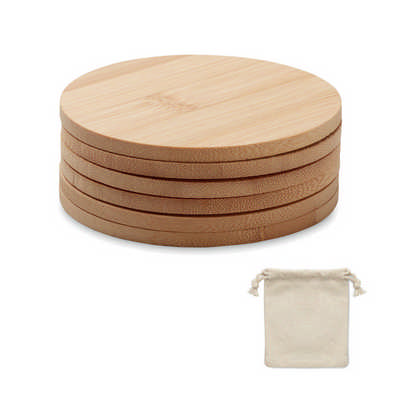 6 Bamboo coasters in cotton bag