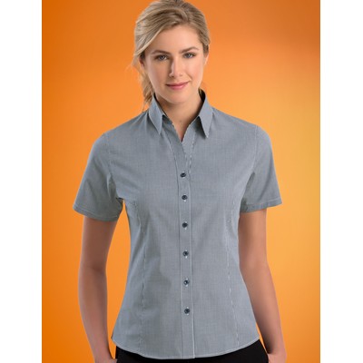 Womens Stretch Slim Fit SS Micro Check - Navy