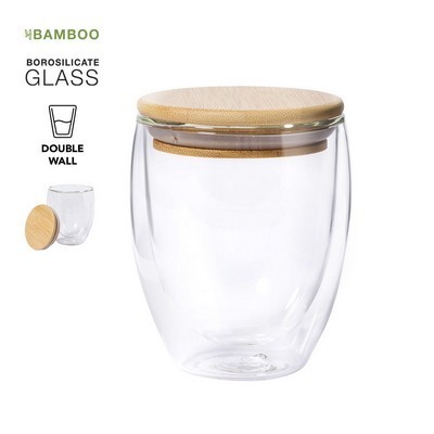 Coffee/Tea Cup Insulated borosilicate glass 250ml with bamboo lid 