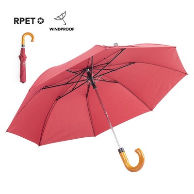 UMBRELLA made from RPET material with curved wooden handle , auto opening 100cm diameter BRANIT