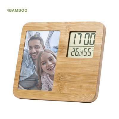 PHOTO FRAME with digital time and temperature made from Bamboo 9 x 14cm prints