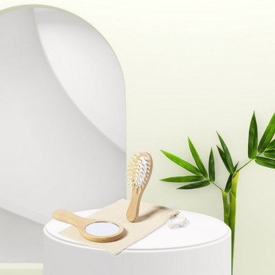 Brush and mirror set made from natural wood packed in a cotton pouch DIANEX