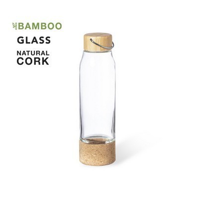 Drink bottle 470ml Glass with cork base and bamboo screw lid and handle • by Runsmart