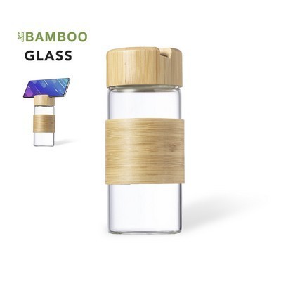 Drink bottle 450ml Glass with bamboo lid and cover PHONE holder in lid ECO FRIENDLY 