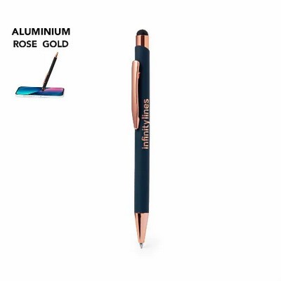 Pen with stylus rubberised barrel rose gold engraving 