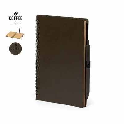 Note book with cover and pen made from coffee fibres 