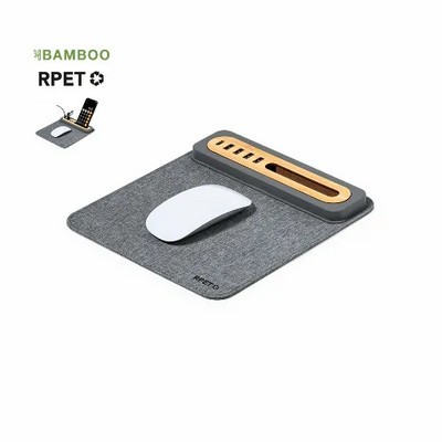 Mouse mat with phone holder and usb hub Made from RPET polyester and Bamboo 