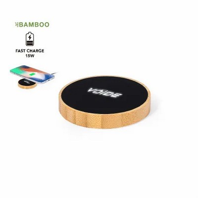 Wireless charger with light up LED logo. Bamboo material