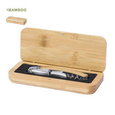 Bottle opener and CORKSCREW made in bamboo and metal packed in a bamboo case 