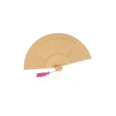 Hand Fan with die cut ribs and a pom pom Madera