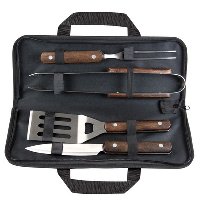 BBQ tool set 4 utensils with wooden handles in black zippered case