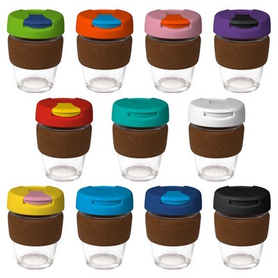 coffee cup / Mug 12oz/340ml Glass Karma Kup Cork Band Plastic Flip Lid Reusable Eco Friendly 