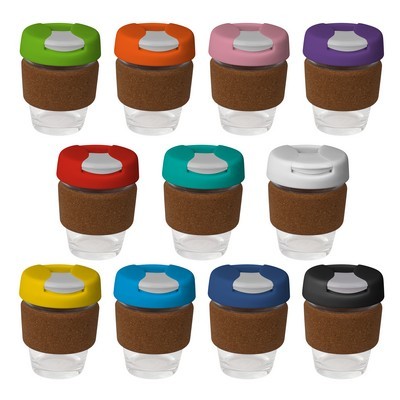 coffee cup / Mug 8oz/235ml Glass Karma Kup Cork Band Plastic Flip Lid Reusable Eco Friendly 