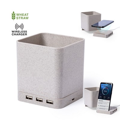 Pen caddy - wireless charger , 3 port hub made from Wheat straw