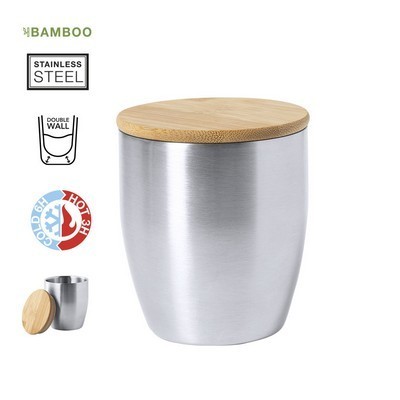 Coffee mug thermal double walled. stainless steel with bamboo lid 280ml