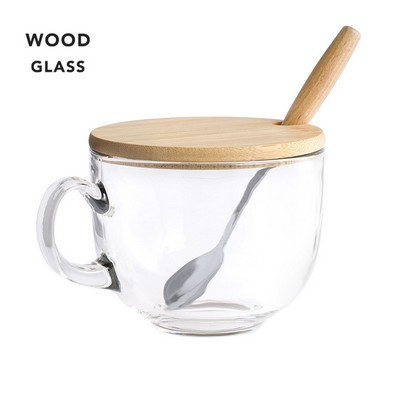 COFFEE / TEA MUG clear glass with bamboo lid and stainless steel spoon with wooden handle