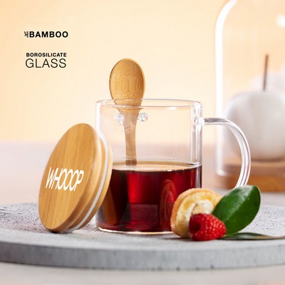 Coffee/tea Mug made from borosilicate glass with bamboo spoon and lid 420ml 