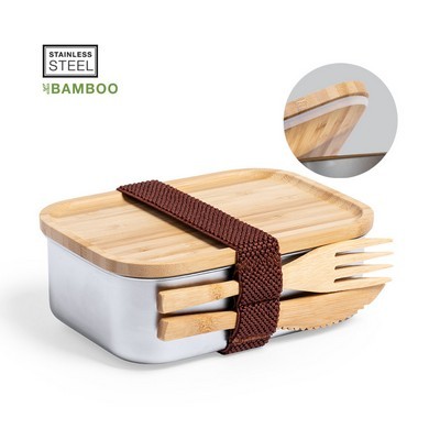 Lunch Box stainless steel with bamboo lid and untensils elasatic closure 