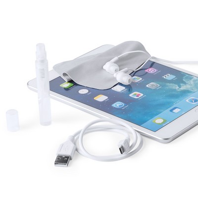 Tech set with earphones, cleaner , cleaning cloth and charge cable Set Hotix