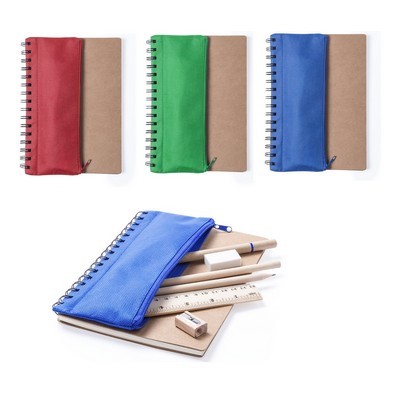 Notebook with pencile case - Ring bound with recycled cardboard cover , ruler and pen