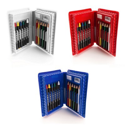 Colouring in set includes pencils , crayons , sharpener packed in a secure box Clown