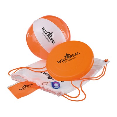 Beach set with frisbee, beach ball, waterproof pouch UV key chain packed in a back sack 