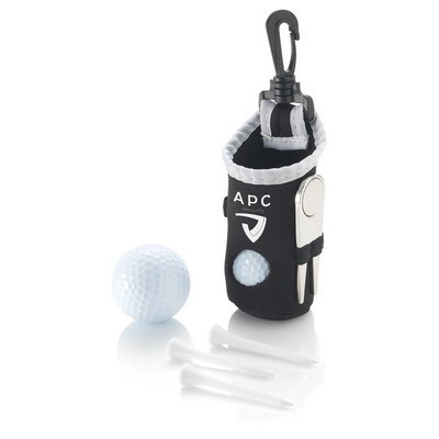 Golf gift set with 2 balls 3 tees , ground repairer and ball marker in neoprene pouch 