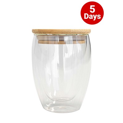 350Ml Double Wall Glass Cup With Bamboo Lid