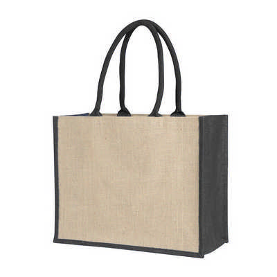 Laminated Jute Supermarket Bag With Coloured Handles And Gussets - Black