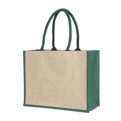Laminated Jute Supermarket Bag With Coloured Handles And Gussets - Green
