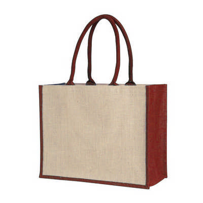 Laminated Jute Supermarket Bag With Coloured Handles And Gussets - Red